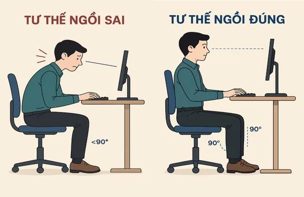 Illustration of correct ergonomic seating posture to relieve neck and shoulder pressure