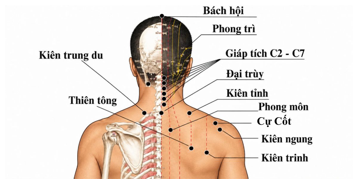 Muscle diagram showing neck and shoulder muscle strain caused by forward head posture